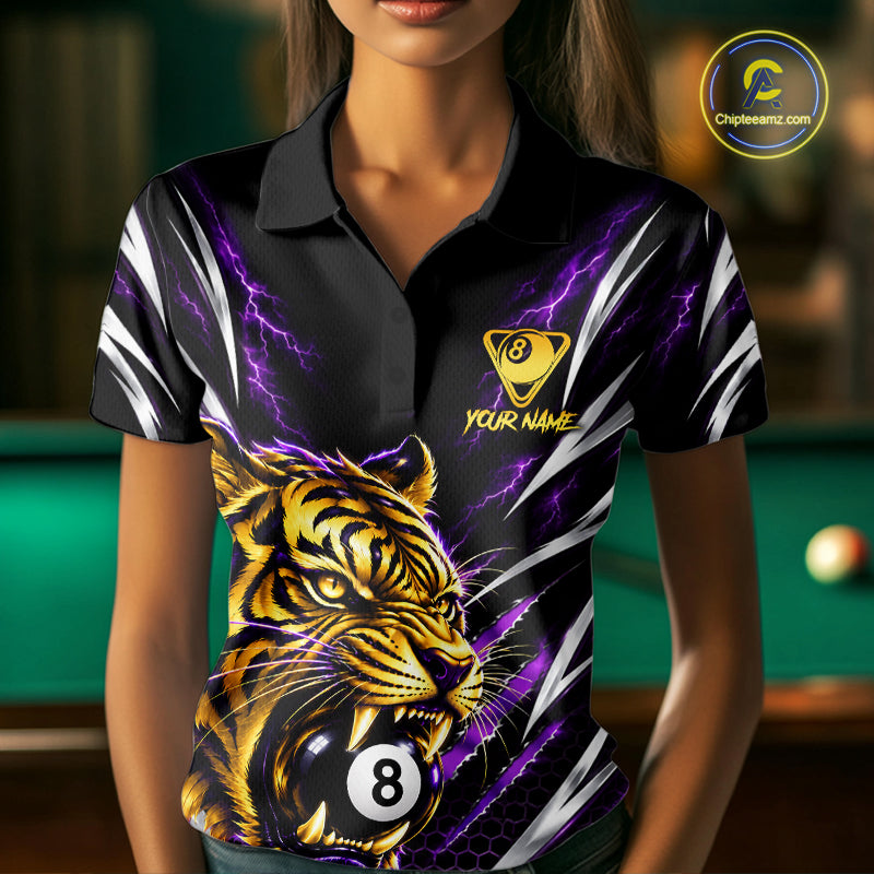 Women Scratch Tiger Billiard Polo 1/4-Zip Shirt Custom Purple Thunder 8 Ball Tiger Billiard Team Jersey NYN4683