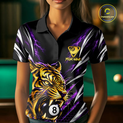 Women Scratch Tiger Billiard Polo 1/4-Zip Shirt Custom Purple Thunder 8 Ball Tiger Billiard Team Jersey NYN4683