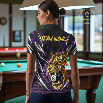 Women Scratch Tiger Billiard Polo 1/4-Zip Shirt Custom Purple Thunder 8 Ball Tiger Billiard Team Jersey NYN4683