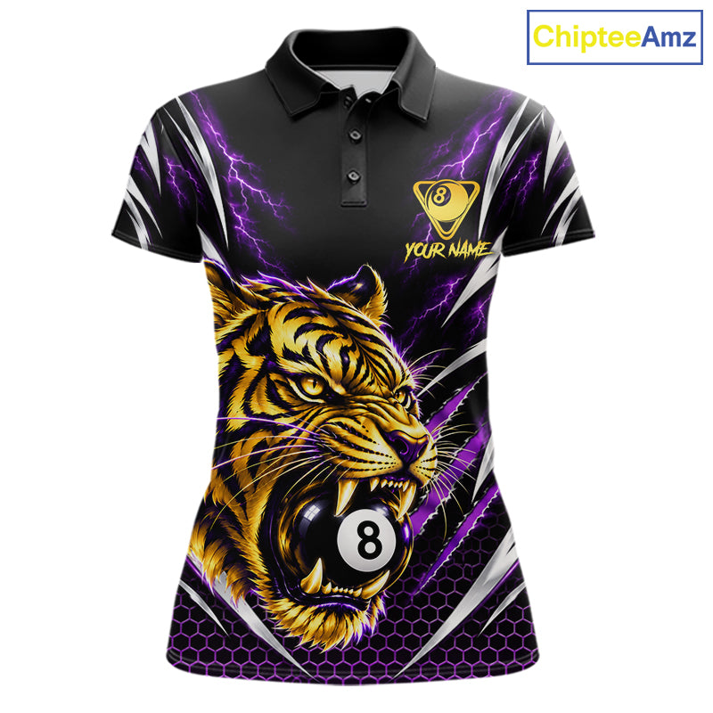 Women Scratch Tiger Billiard Polo 1/4-Zip Shirt Custom Purple Thunder 8 Ball Tiger Billiard Team Jersey NYN4683