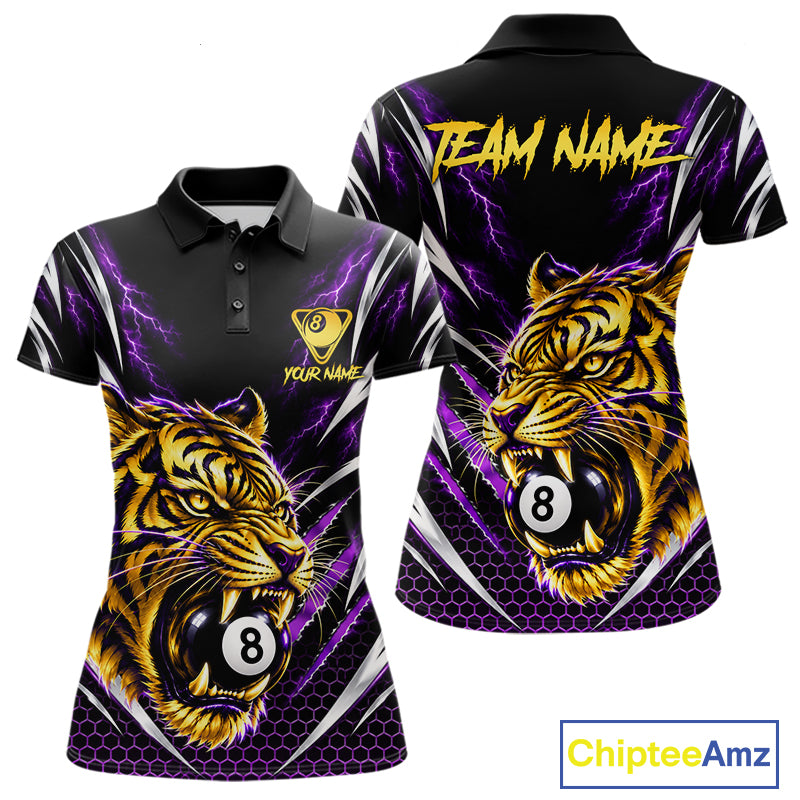 Women Scratch Tiger Billiard Polo 1/4-Zip Shirt Custom Purple Thunder 8 Ball Tiger Billiard Team Jersey NYN4683