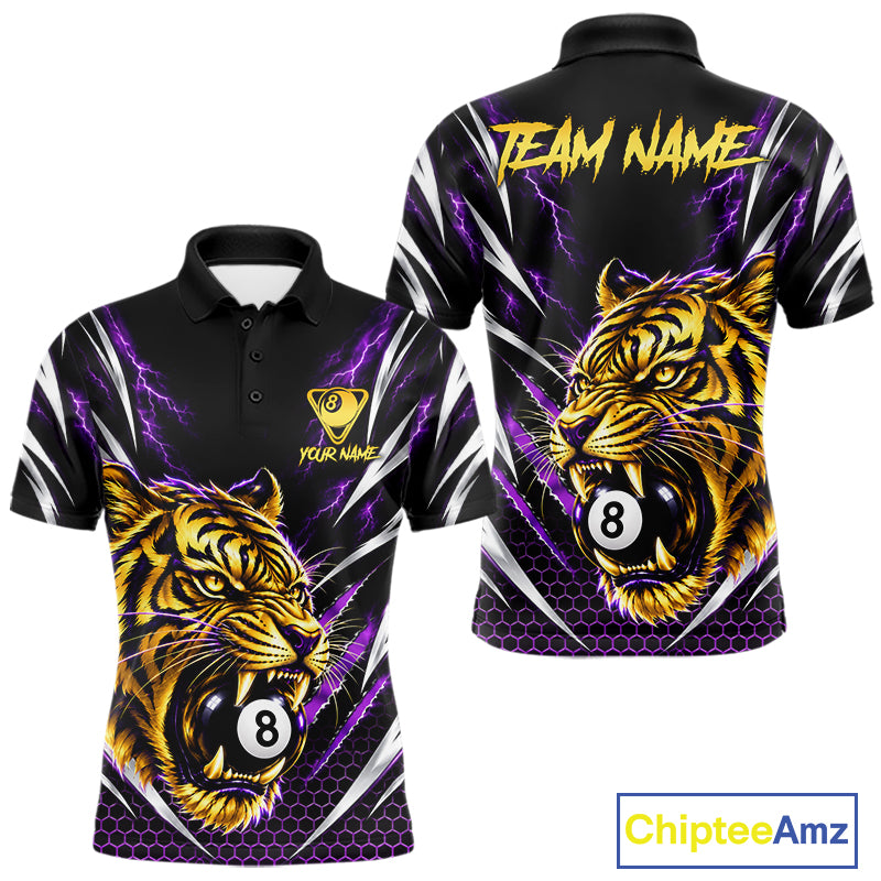 Mens Scratch Tiger Billiard Polo 1/4-Zip Shirt Custom Purple Thunder 8 Ball Tiger Billiard Team Jersey NYN4683