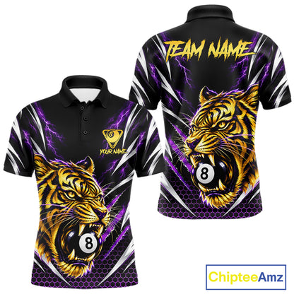 Mens Scratch Tiger Billiard Polo 1/4-Zip Shirt Custom Purple Thunder 8 Ball Tiger Billiard Team Jersey NYN4683
