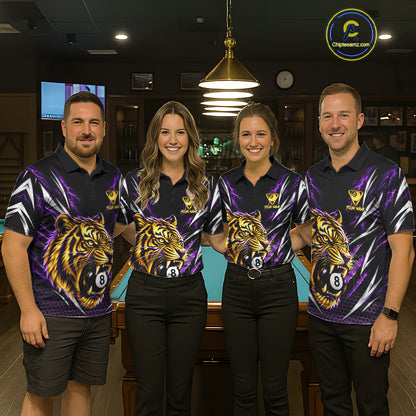 Mens Scratch Tiger Billiard Polo 1/4-Zip Shirt Custom Purple Thunder 8 Ball Tiger Billiard Team Jersey NYN4683