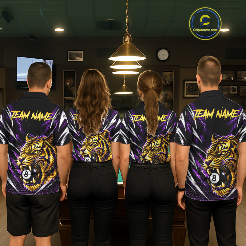 Mens Scratch Tiger Billiard Polo 1/4-Zip Shirt Custom Purple Thunder 8 Ball Tiger Billiard Team Jersey NYN4683
