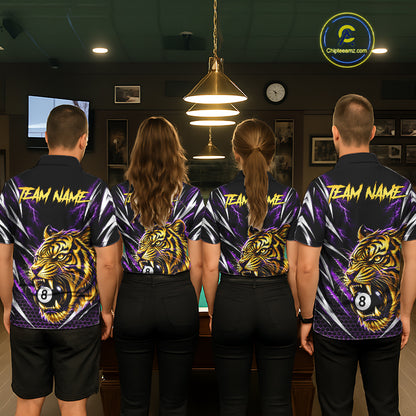 Mens Scratch Tiger Billiard Polo 1/4-Zip Shirt Custom Purple Thunder 8 Ball Tiger Billiard Team Jersey NYN4683