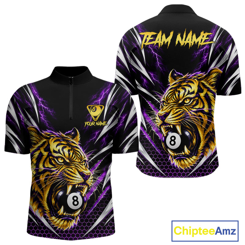 Mens Scratch Tiger Billiard Polo 1/4-Zip Shirt Custom Purple Thunder 8 Ball Tiger Billiard Team Jersey NYN4683