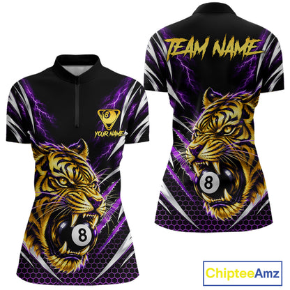 Women Scratch Tiger Billiard Polo 1/4-Zip Shirt Custom Purple Thunder 8 Ball Tiger Billiard Team Jersey NYN4683