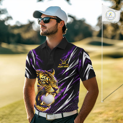 Mens Scratch Tiger Golf Polo Shirt Custom Purple Thunder Tiger Golf Team Golf Tournament Apparel NYN4684