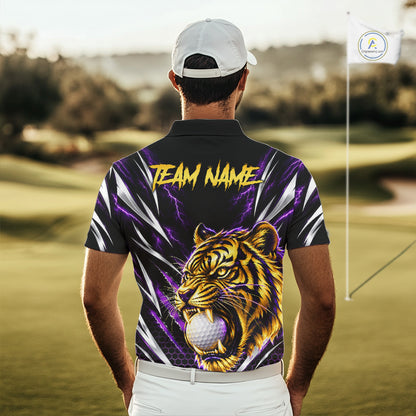 Mens Scratch Tiger Golf Polo Shirt Custom Purple Thunder Tiger Golf Team Golf Tournament Apparel NYN4684