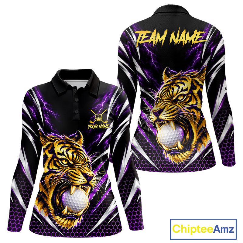 Womens Scratch Tiger Golf Polo Shirt Custom Purple Thunder Tiger Golf Team Golf Tournament Apparel NYN4684