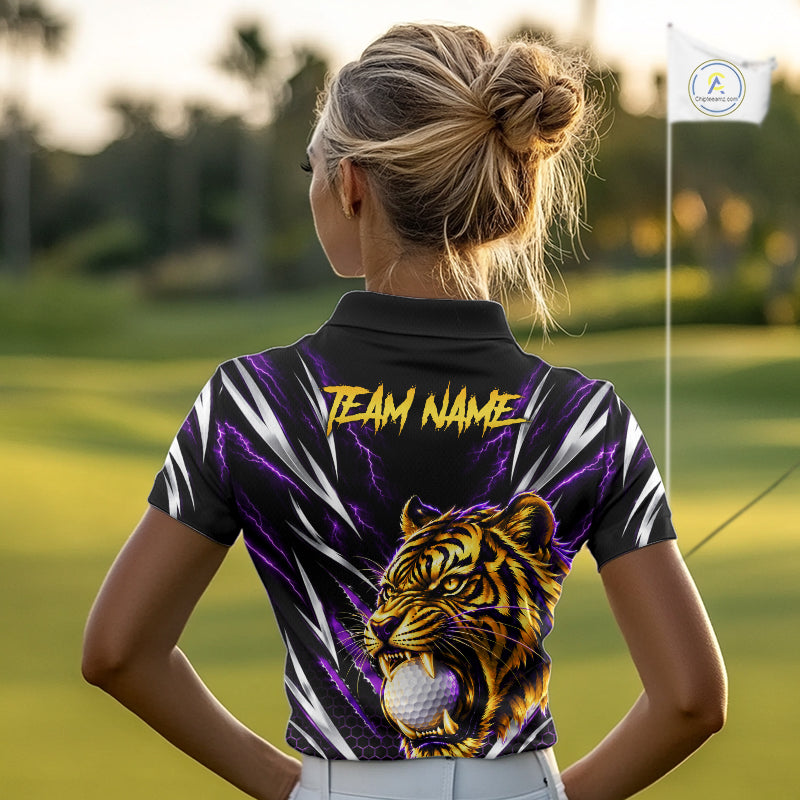 Womens Scratch Tiger Golf Polo Shirt Custom Purple Thunder Tiger Golf Team Golf Tournament Apparel NYN4684