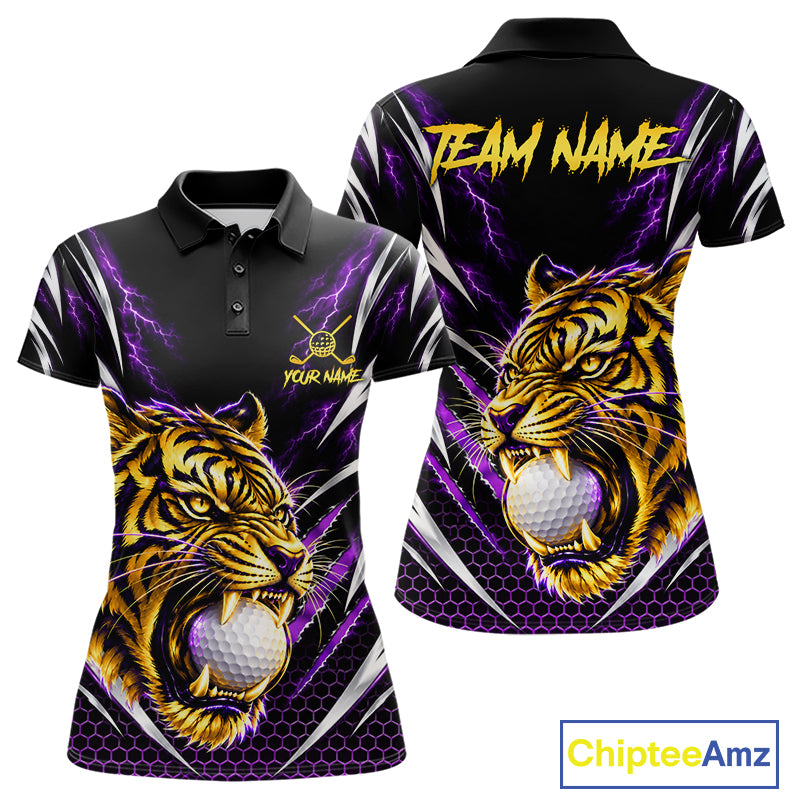 Womens Scratch Tiger Golf Polo Shirt Custom Purple Thunder Tiger Golf Team Golf Tournament Apparel NYN4684