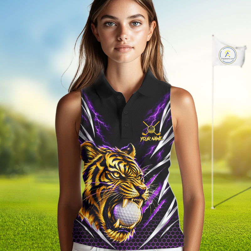 Womens Scratch Tiger Golf Sleeveless Polo Shirt Custom Purple Thunder Tiger Golf Team Golf Tournament Apparel NYN4684