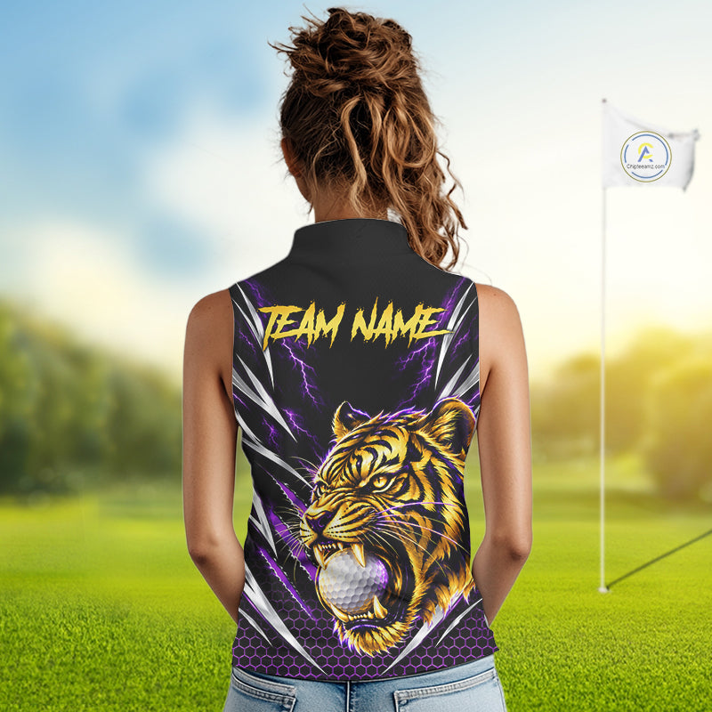Womens Scratch Tiger Golf Sleeveless Polo Shirt Custom Purple Thunder Tiger Golf Team Golf Tournament Apparel NYN4684