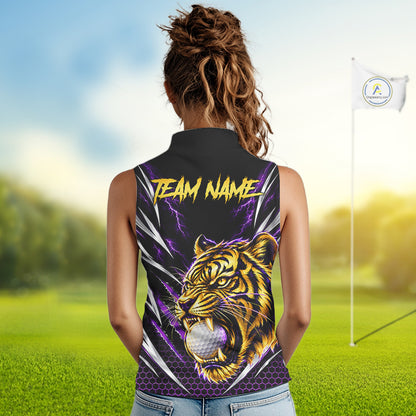 Womens Scratch Tiger Golf Sleeveless Polo Shirt Custom Purple Thunder Tiger Golf Team Golf Tournament Apparel NYN4684