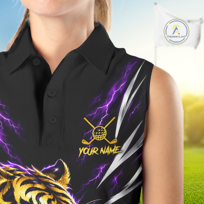 Womens Scratch Tiger Golf Sleeveless Polo Shirt Custom Purple Thunder Tiger Golf Team Golf Tournament Apparel NYN4684