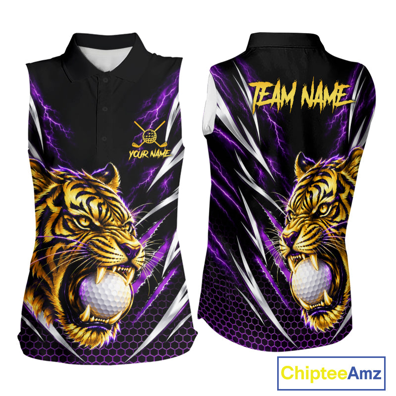 Womens Scratch Tiger Golf Sleeveless Polo Shirt Custom Purple Thunder Tiger Golf Team Golf Tournament Apparel NYN4684