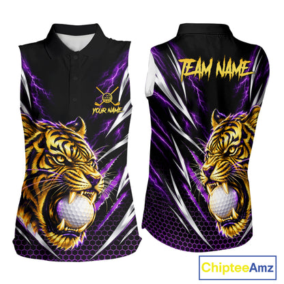 Womens Scratch Tiger Golf Sleeveless Polo Shirt Custom Purple Thunder Tiger Golf Team Golf Tournament Apparel NYN4684