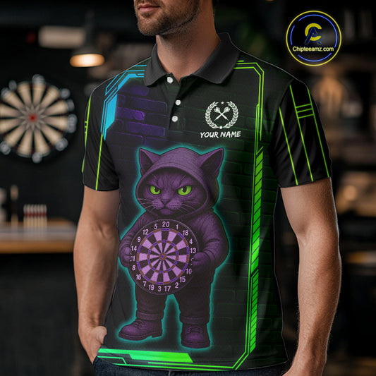 Lightning Cat Tech Green & Blue Neon Dartboard Men's Dart Polo Shirt Funny Dart Jerseys NYN1792