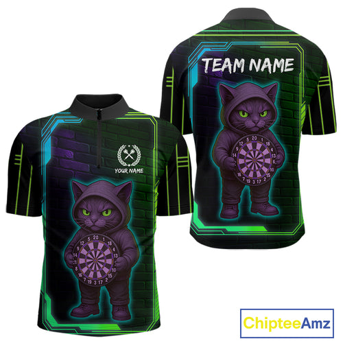 Lightning Cat Tech Green & Blue Neon Dartboard Men's Dart Quarter-Zip Shirt Funny Dart Jerseys NYN1792