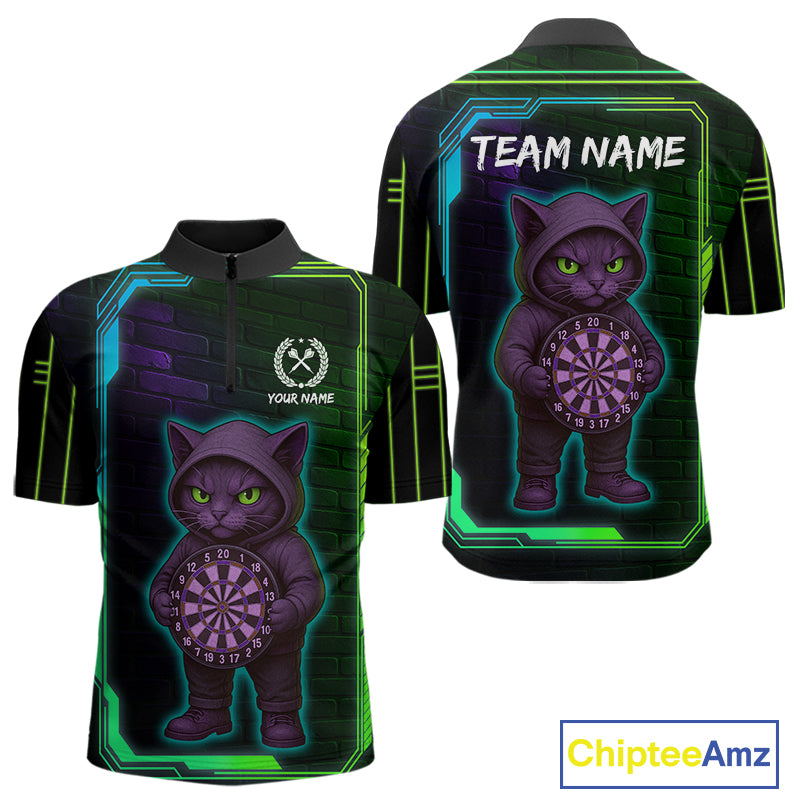 Lightning Cat Tech Green & Blue Neon Dartboard Men's Dart Quarter-Zip Shirt Funny Dart Jerseys NYN1792