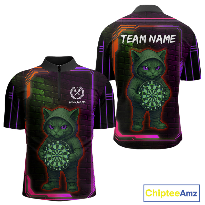 Lightning Cat Tech Purple & Blue Neon Dartboard Men's Dart Quarter-Zip Shirt Funny Dart Jerseys NYN1793