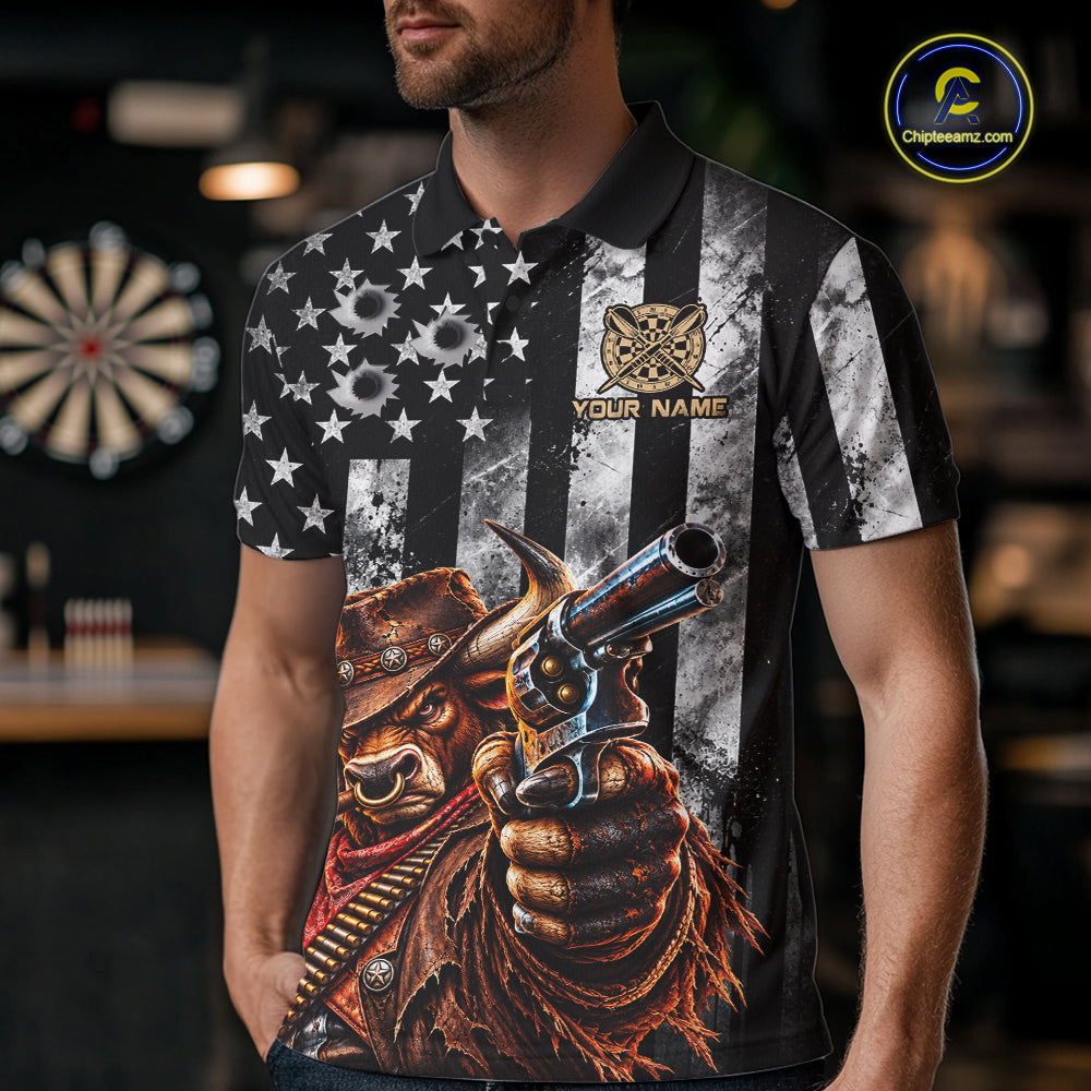Funny Bull Cowboy Darts Polo 1/4-Zip Shirt For Men Custom Patriotic Darts Tournament Jersey NYN5040