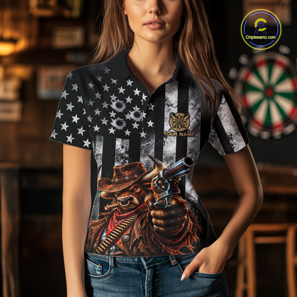 Funny Bull Cowboy Darts Polo 1/4-Zip Shirt For Women Custom Patriotic Darts Tournament Jersey NYN5040