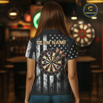 Funny Bull Cowboy Darts Polo 1/4-Zip Shirt For Women Custom Patriotic Darts Tournament Jersey NYN5040