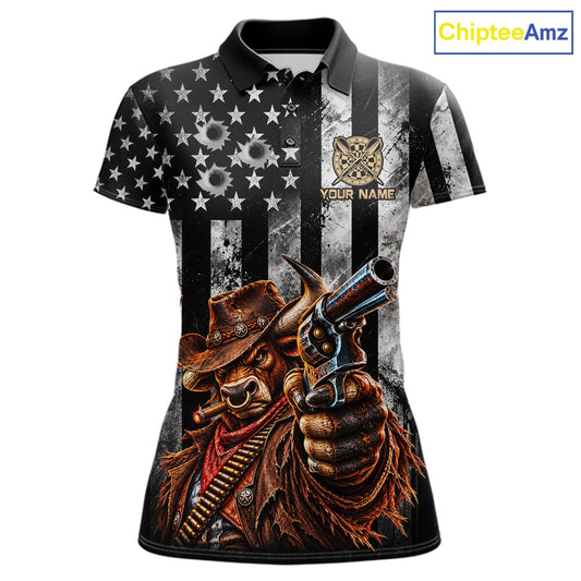 Funny Bull Cowboy Darts Polo 1/4-Zip Shirt For Women Custom Patriotic Darts Tournament Jersey NYN5040