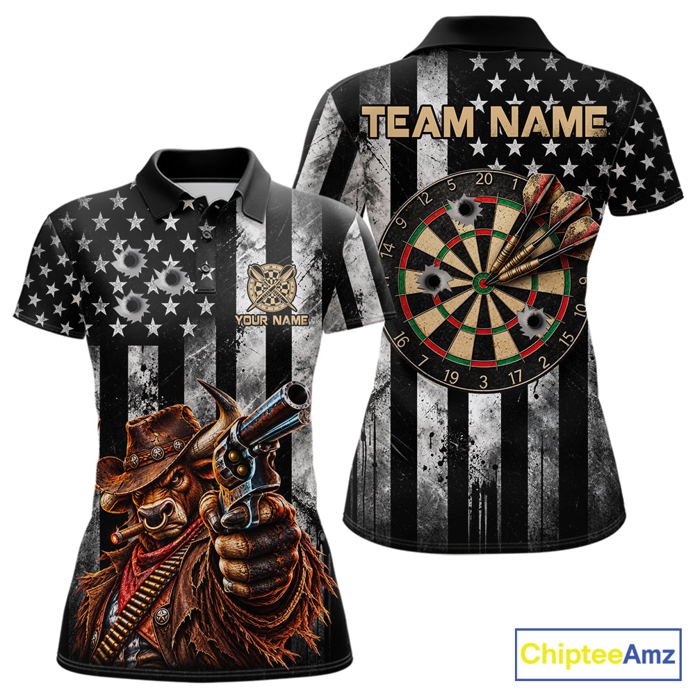 Funny Bull Cowboy Darts Polo 1/4-Zip Shirt For Women Custom Patriotic Darts Tournament Jersey NYN5040