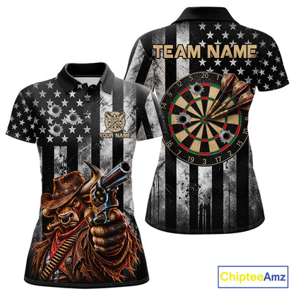 Funny Bull Cowboy Darts Polo 1/4-Zip Shirt For Women Custom Patriotic Darts Tournament Jersey NYN5040