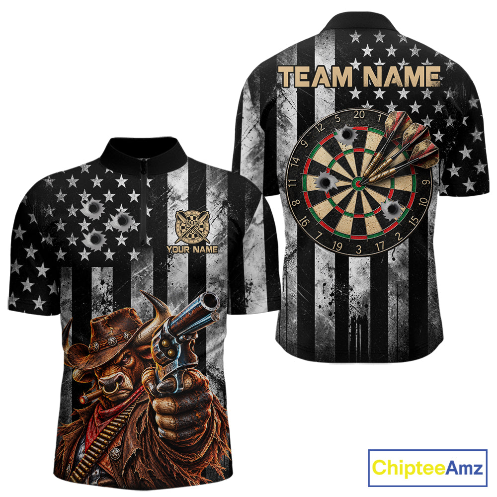 Funny Bull Cowboy Darts Polo 1/4-Zip Shirt For Men Custom Patriotic Darts Tournament Jersey NYN5040