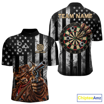Funny Bull Cowboy Darts Polo 1/4-Zip Shirt For Men Custom Patriotic Darts Tournament Jersey NYN5040