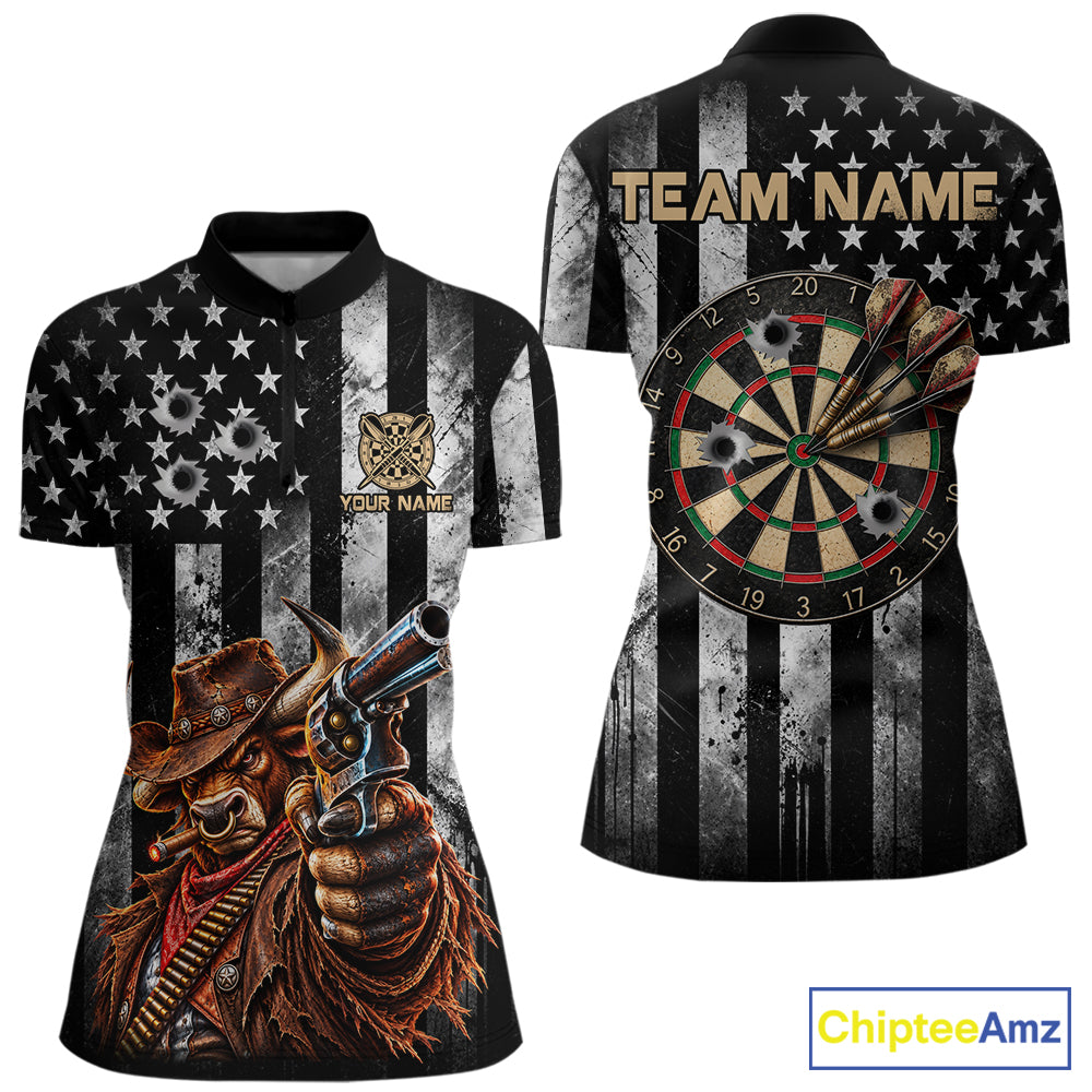 Funny Bull Cowboy Darts Polo 1/4-Zip Shirt For Women Custom Patriotic Darts Tournament Jersey NYN5040