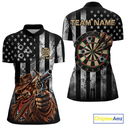 Funny Bull Cowboy Darts Polo 1/4-Zip Shirt For Women Custom Patriotic Darts Tournament Jersey NYN5040