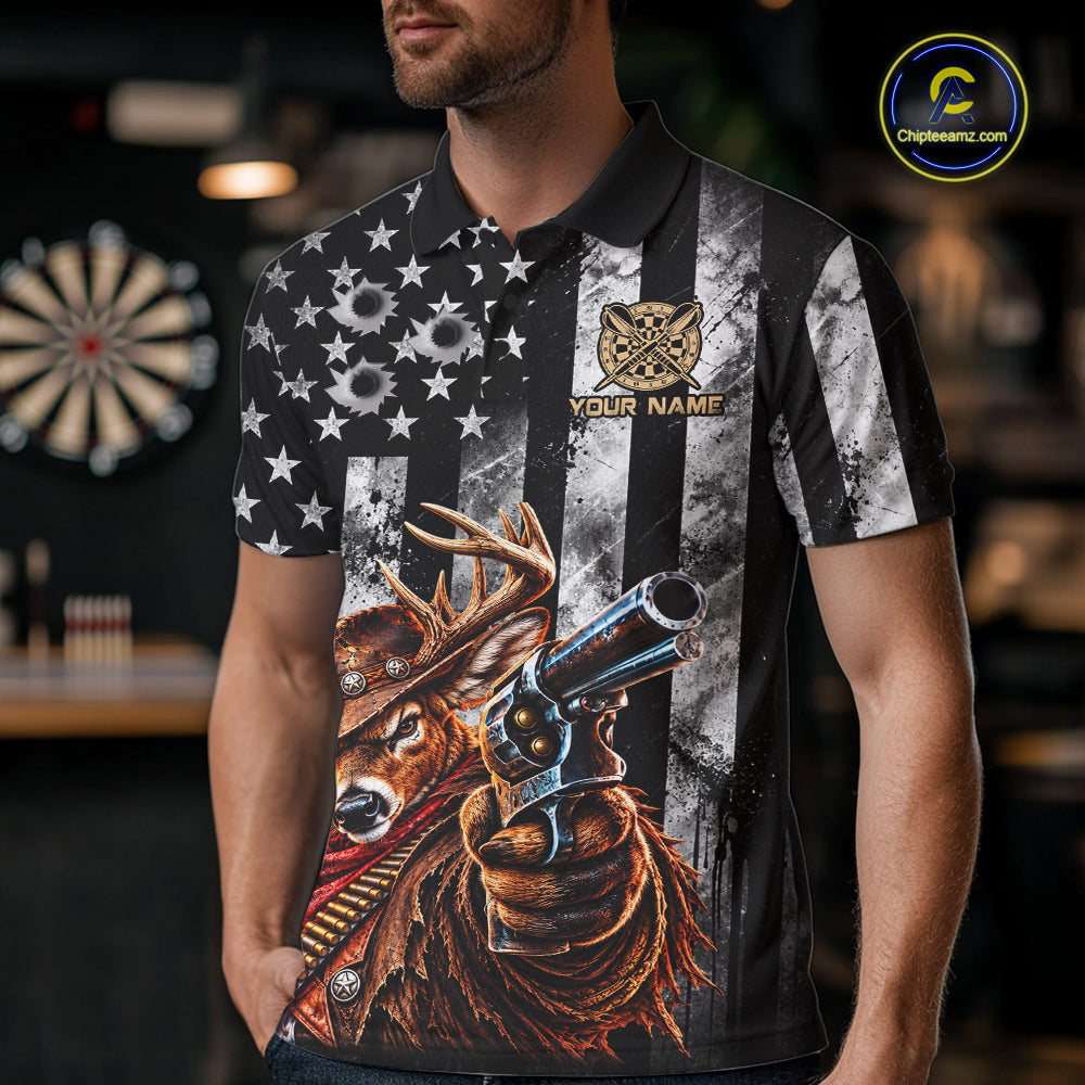 Funny Deer Cowboy Darts Polo 1/4-Zip Shirt For Men Custom Patriotic Darts Tournament Jersey NYN5041