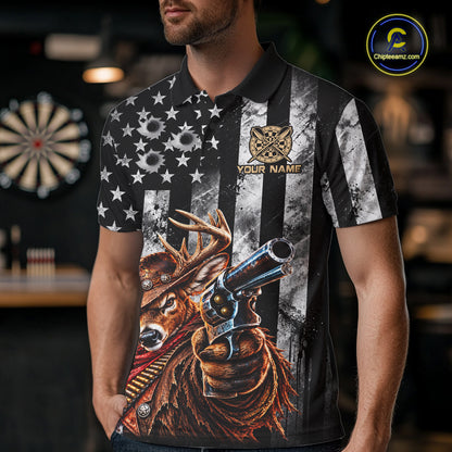 Funny Deer Cowboy Darts Polo 1/4-Zip Shirt For Men Custom Patriotic Darts Tournament Jersey NYN5041