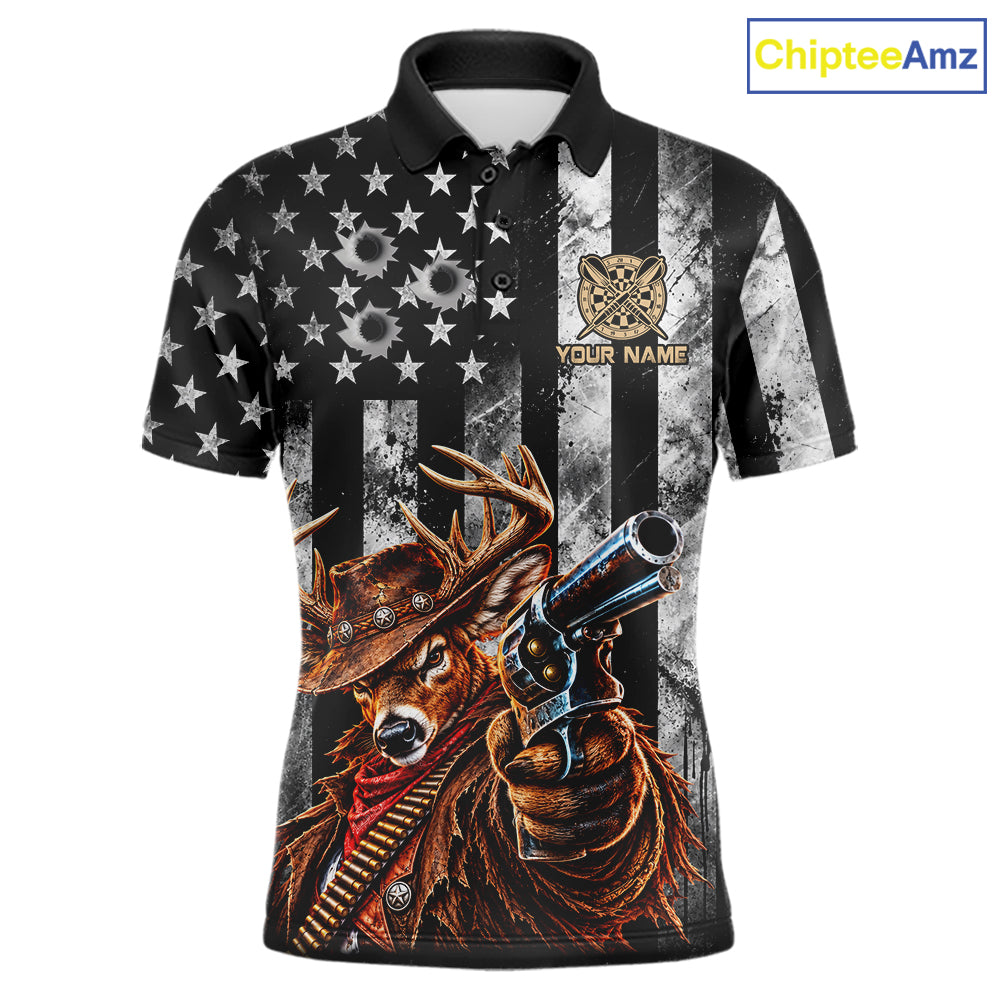 Funny Deer Cowboy Darts Polo 1/4-Zip Shirt For Men Custom Patriotic Darts Tournament Jersey NYN5041