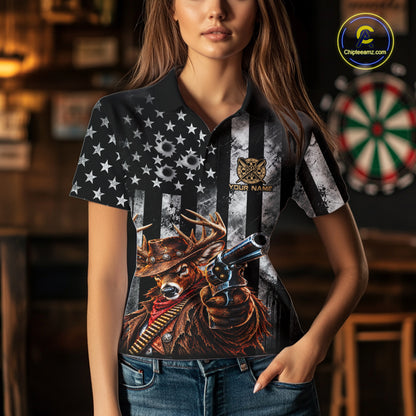 Funny Deer Cowboy Darts Polo 1/4-Zip Shirt For Women Custom Patriotic Darts Tournament Jersey NYN5041