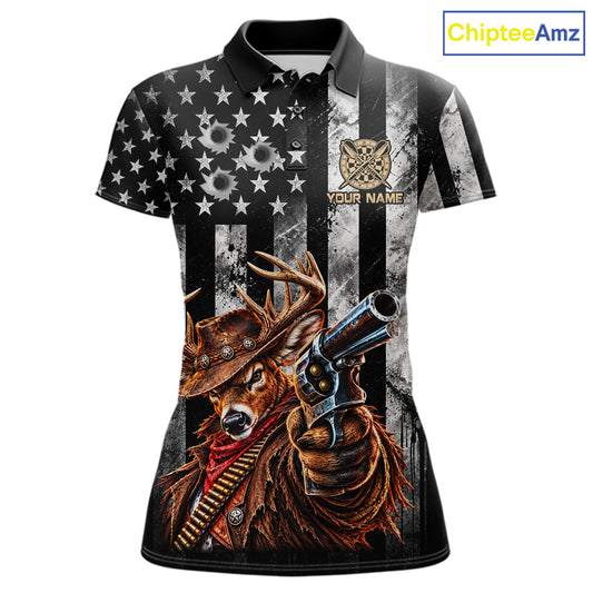 Funny Deer Cowboy Darts Polo 1/4-Zip Shirt For Women Custom Patriotic Darts Tournament Jersey NYN5041