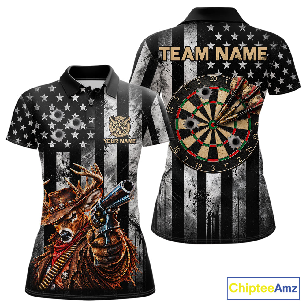 Funny Deer Cowboy Darts Polo 1/4-Zip Shirt For Women Custom Patriotic Darts Tournament Jersey NYN5041