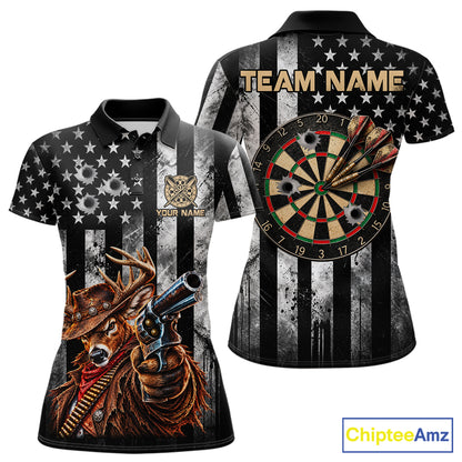 Funny Deer Cowboy Darts Polo 1/4-Zip Shirt For Women Custom Patriotic Darts Tournament Jersey NYN5041