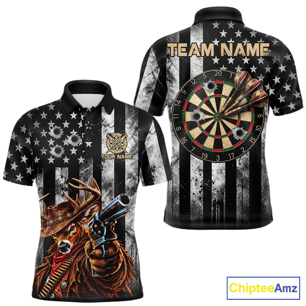 Funny Deer Cowboy Darts Polo 1/4-Zip Shirt For Men Custom Patriotic Darts Tournament Jersey NYN5041