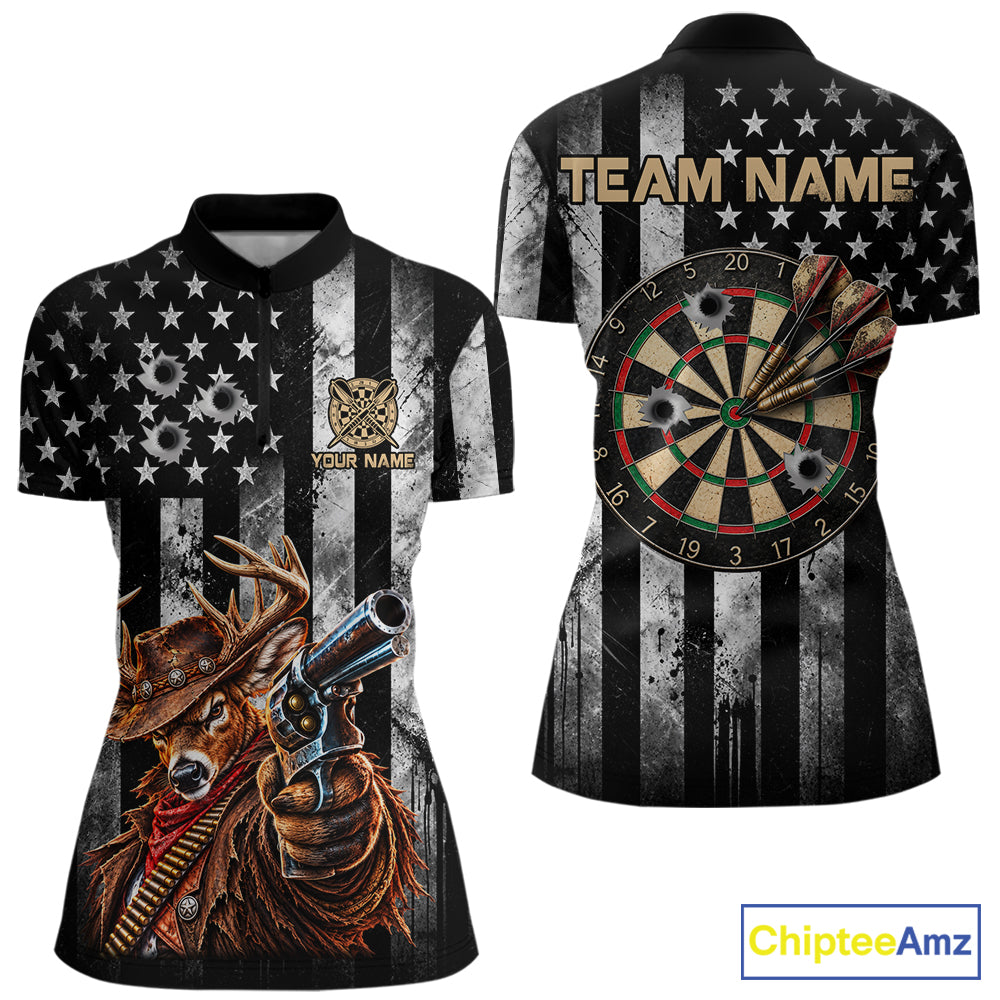Funny Deer Cowboy Darts Polo 1/4-Zip Shirt For Women Custom Patriotic Darts Tournament Jersey NYN5041