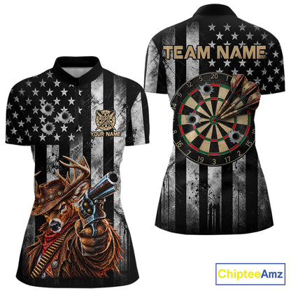 Funny Deer Cowboy Darts Polo 1/4-Zip Shirt For Women Custom Patriotic Darts Tournament Jersey NYN5041