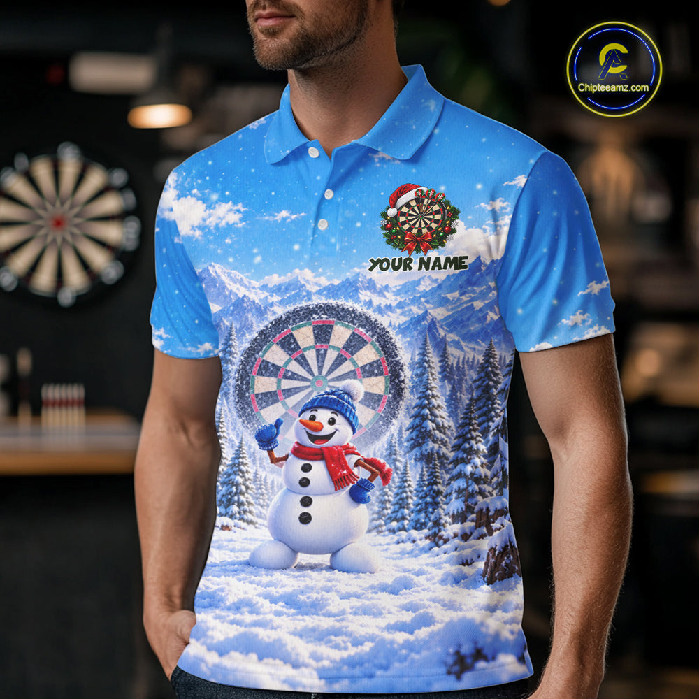 Funny Snowman Dart Polo 1/4-Zip Jersey For Men Christmas Darts Shirt Custom Team Name Darts Gift NYN5046