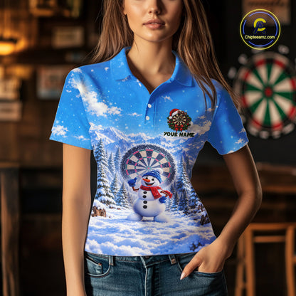 Funny Snowman Dart Polo 1/4-Zip Jersey For Women Christmas Darts Shirt Custom Team Name Darts Gift NYN5046