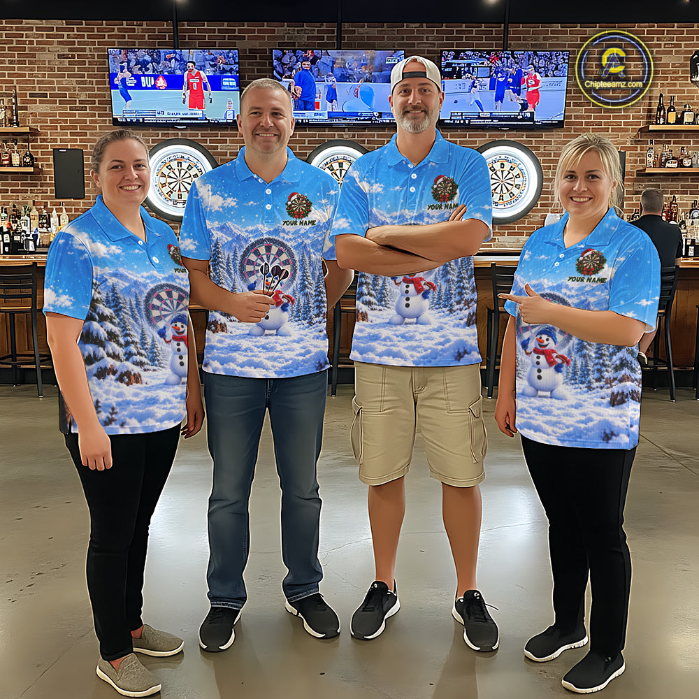Funny Snowman Dart Polo 1/4-Zip Jersey For Men Christmas Darts Shirt Custom Team Name Darts Gift NYN5046